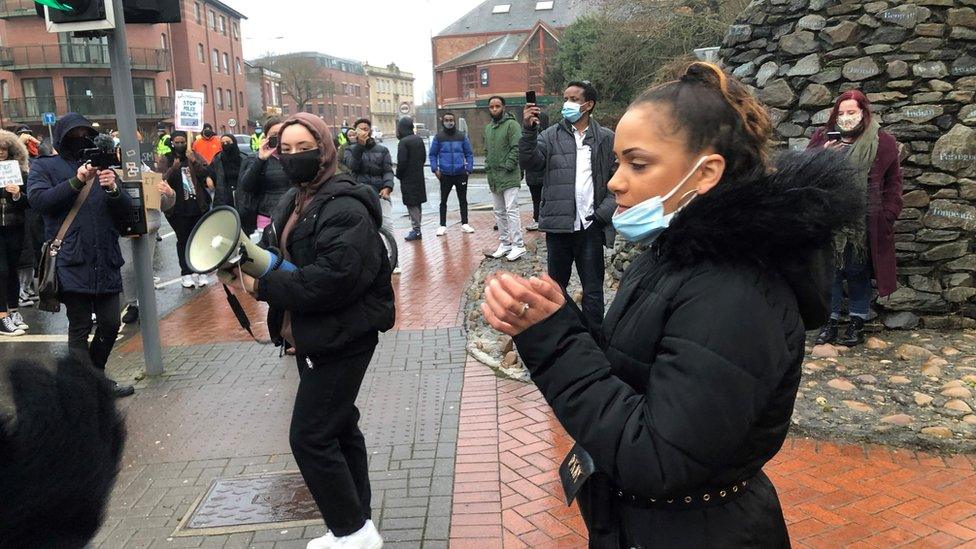 People gathered outside Cardiff Bay police station on Wednesday