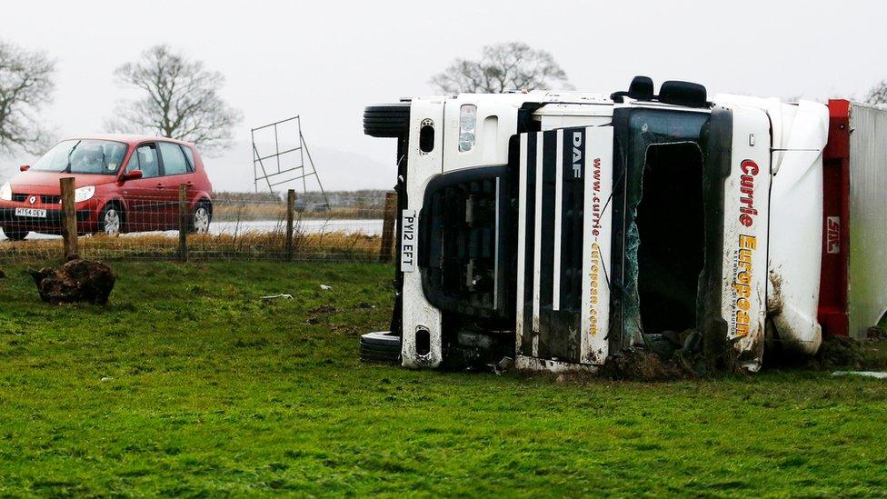 Roads and traffic suffered major disruption as high sided vehicles were hit by high winds and roads closed due to flooding