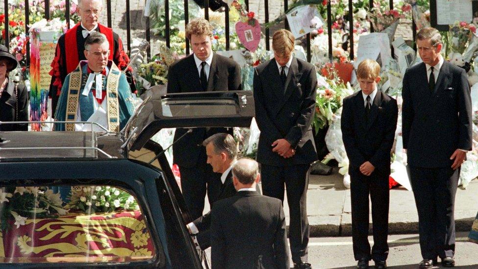 Prince William and Prince Harry at their mother's funeral