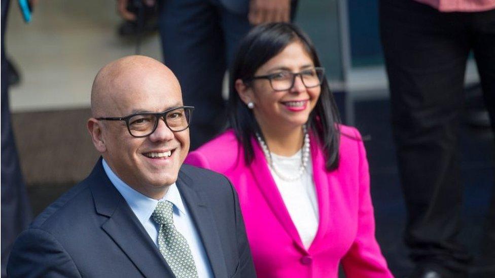 Venezuelan Minister of Communication and Information Jorge Rodriguez (L), and the president of the Constitutional Assembly of Venezuela Delcy Rodriguez arrive at the Dominican Foreign Ministry's headquarters, in Santo Domingo, Dominican Republic, on February 6, 2018