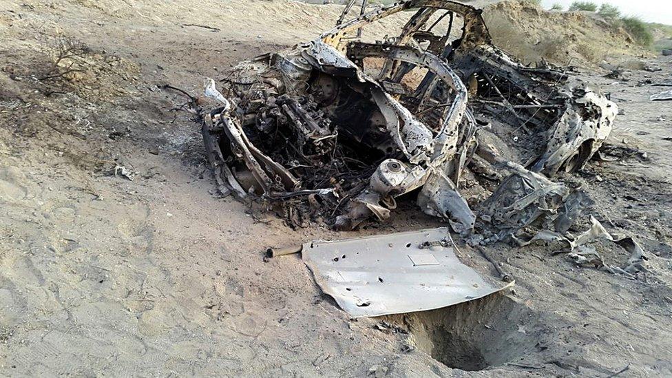 Image purporting to show the destroyed vehicle in which Afghan Taliban chief Mullah Mohammad Akhtar Mansour was traveling near Afghanistan"s border when it was blown up.