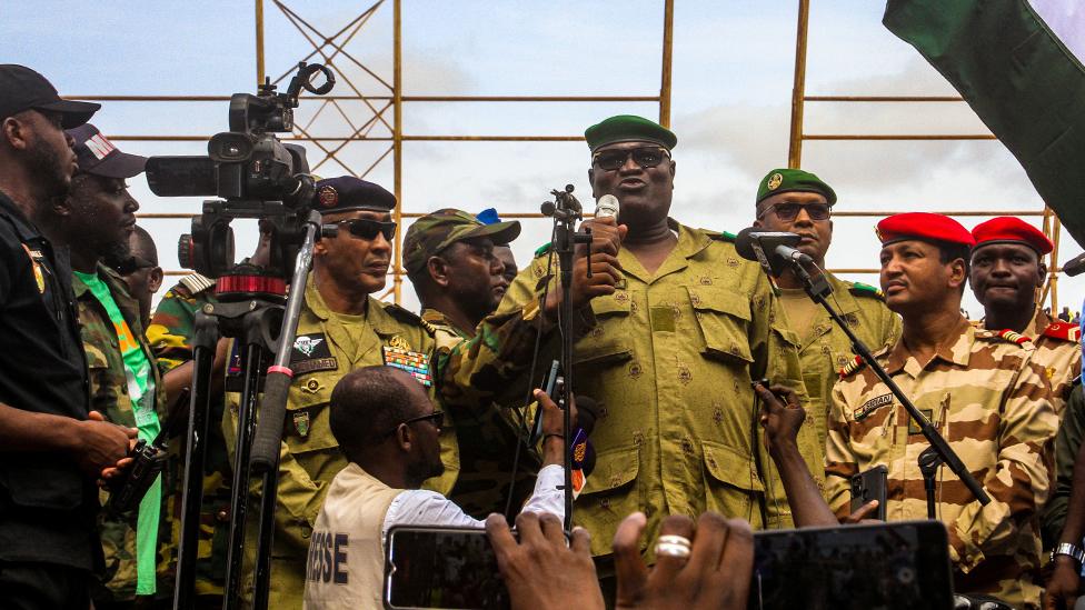 Members of the military attended a rally in Niamey on 6 August