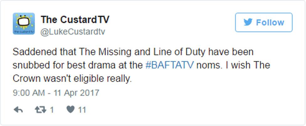 Tweet: "Saddened that The Missing and Line of Duty have been snubbed for best drama at the #BAFTATV noms. I wish The Crown wasn't eligible really."