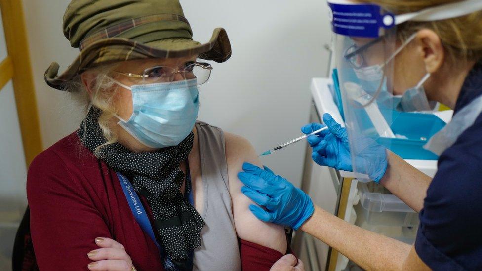 Care homes group managing director Mary Anson receives the Covid-19 vaccine as the Royal Cornwall Hospital begin their vaccination programme on December 9, 2020