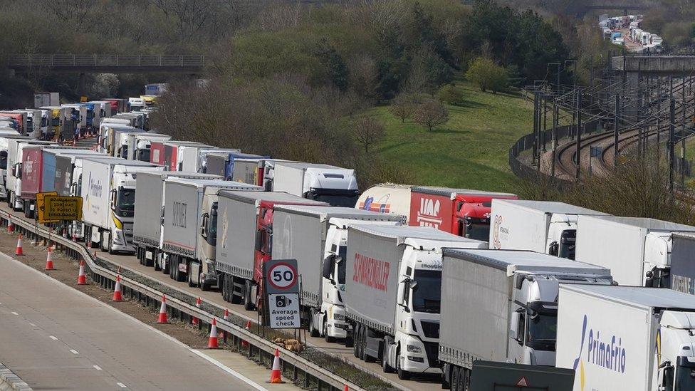 Lorries queued in Operation Brock on M20