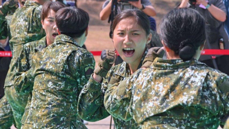 Taiwanese combat engineer troops are seen during an exercise amid a visit by Taiwan's President Tsai Ing-wen in Chiayi county on March 25, 2023.