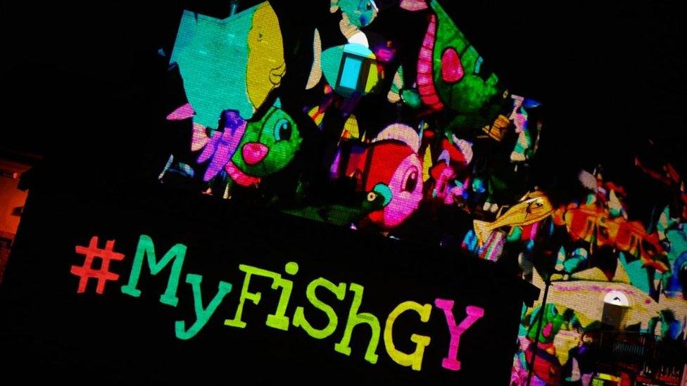 Drawings of fish projected