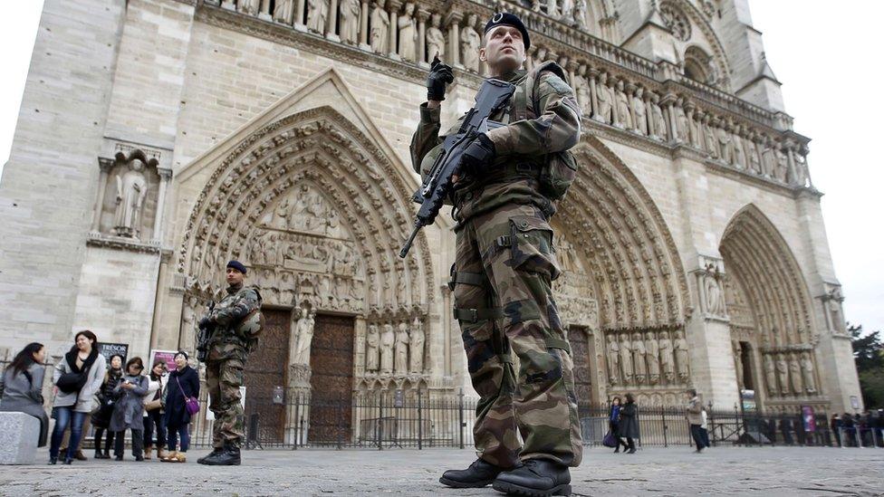 Soldiers were on patrol outside Notre Dame on Wednesday after news of the first arrests (7 Sept)