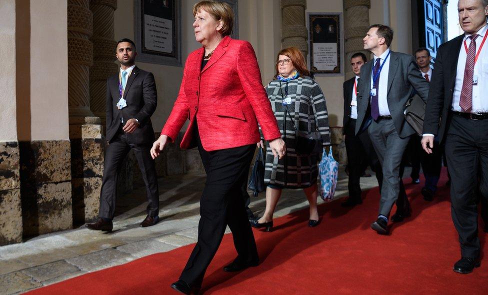 German Chancellor Angela Merkel arrives at the Malta Informal Summit on February 3, 2017 in Valletta, Malta. Theresa May attends an informal summit of the 27 EU leaders to brief them on her recent meeting with President Trump. She has secured a guarantee from Trump that he is 100% supportive of NATO and she will encourage the EU countries to contribute the agreed 2% of their GDP on defence