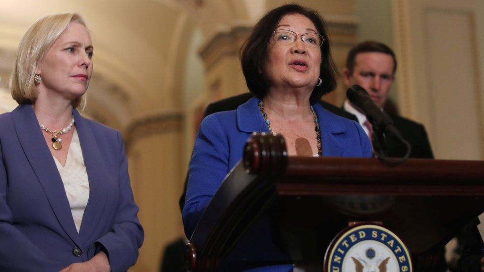 US Senator Mazie Hirono addresses reporters about the Supreme Court nomination of Judge Brett Kavanaugh and the sexual assault accusation against him, 18 September 2018