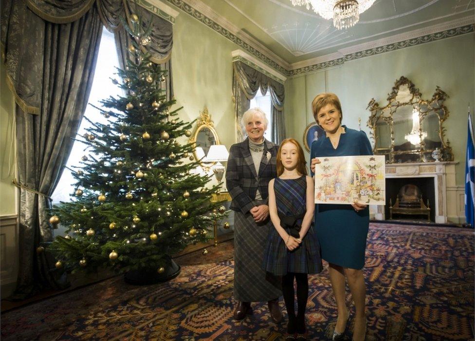 First Minister Nicola Sturgeon, with Mairi Hedderwick and Cherry Campbell (centre) who plays Katie Morag on TV