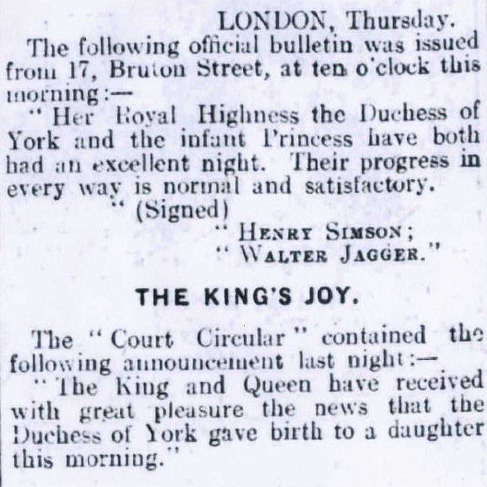 Newspaper cutting announcing birth of a Princess in 1926