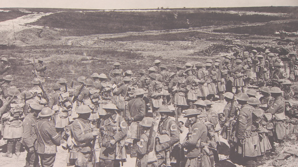 Roll Call of the 2nd Battalion, Seaforth Highlanders, near Beaumont Hamel on the afternoon of 1 July 1916, the first day of the Battle of the Somme