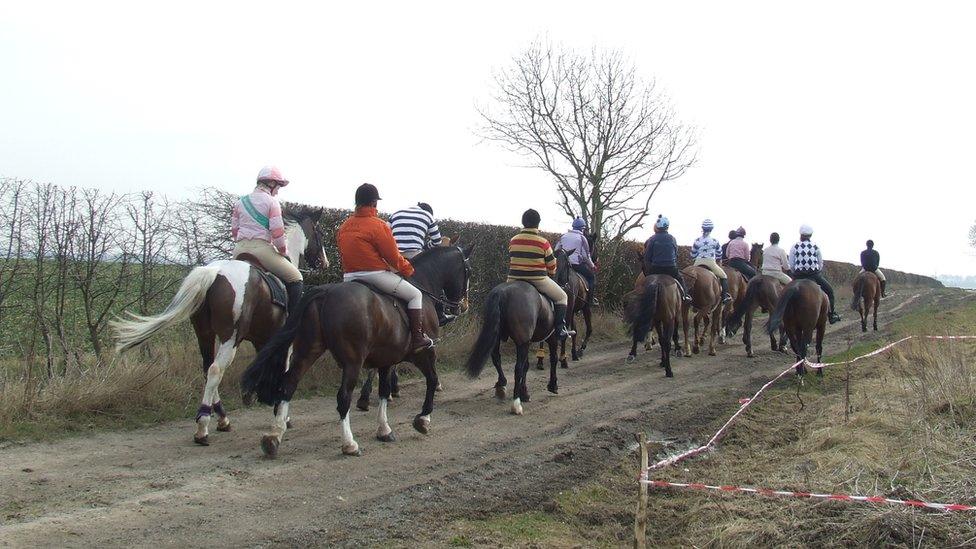 Riders on horses trotting along a countryside farm track