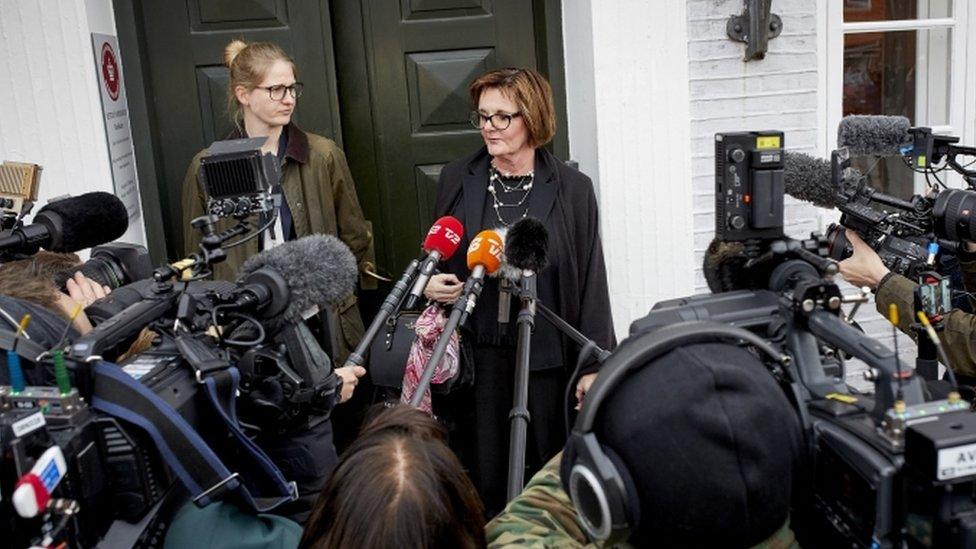 Chief Prosecutor Benthe Pedersen Lund talks to the media after the sentencing in the murder case on the 28-year-old Phillip Johansen in Nordskov, at the islands af Bornholm, Denmark, Tuesday december 1, 2020.