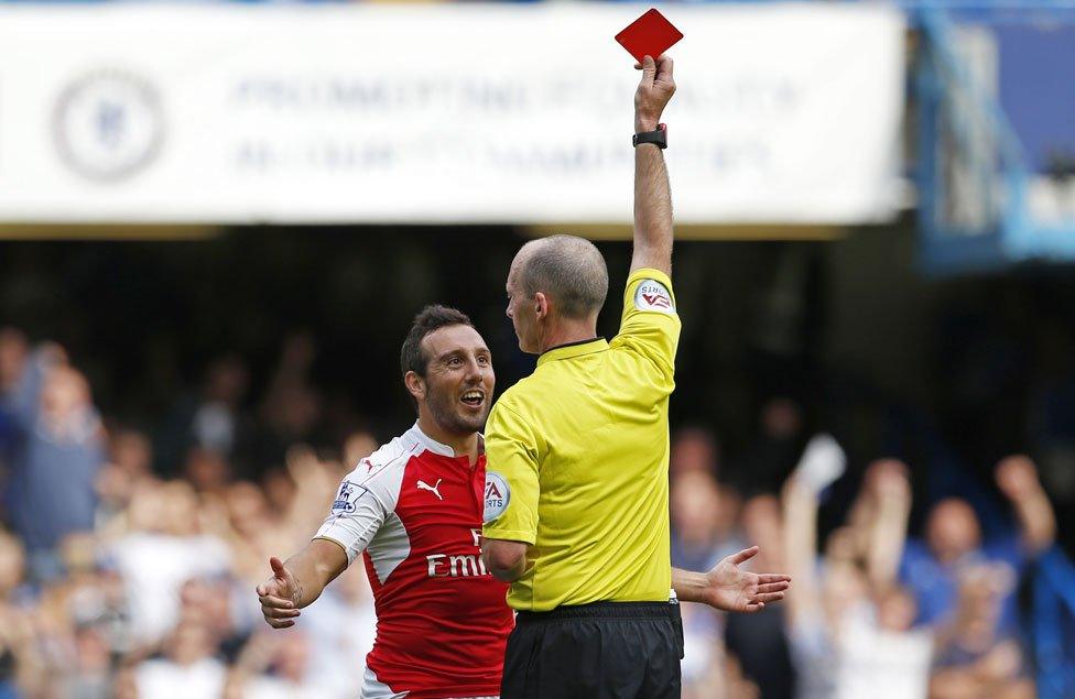 Arsenal's Santi Cazorla is shown a red card by referee Mike Dean