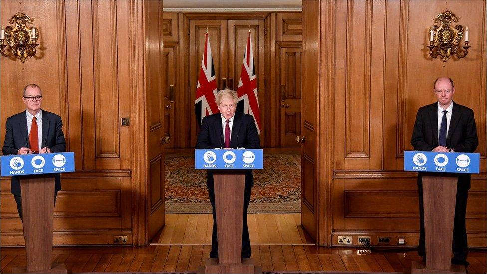 Boris Johnson pictured next to Chris Whitty and Patrick Vallance