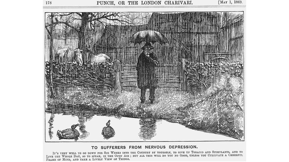 Black and white newspaper cartoon of a man standing under an umbrella in the rain in the countryside