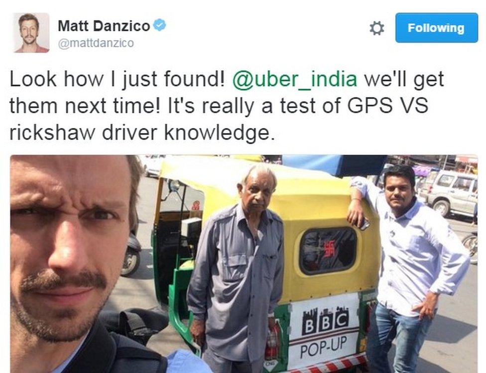 BBC Pop Up's Matt Danzico tweets after catching up with Vikas Pandey and his autorickshaw. Text reads: "Look how [who] I just found! @uber_india we'll get them next time! It's really a test of GPS VS rickshaw driver knowledge.