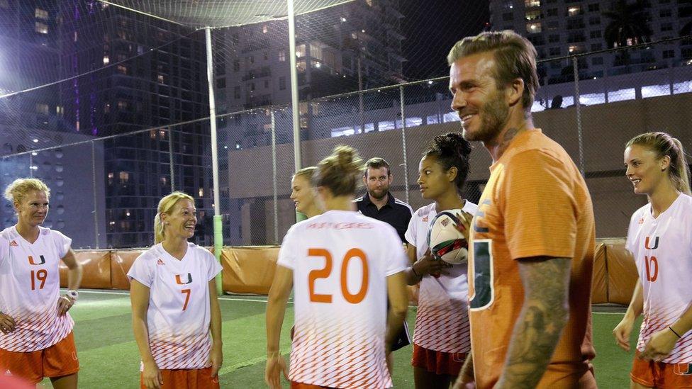 David Beckham with players from the University of Miami