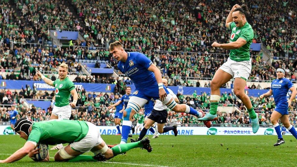 Ireland's James Ryan scores his side's first try against Italy