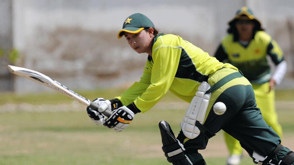 This picture taken on February 27, 2009 shows Pakistani women's cricketer Nahida Khan playing a shot during a practice match in Karachi