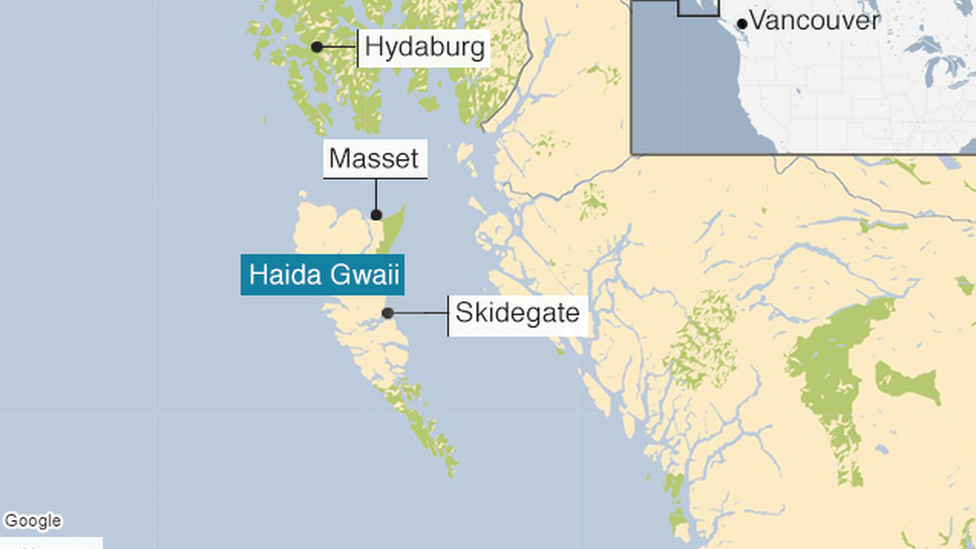 A map showing the Haida Gwaii archipelago with Hydaburg, Masset and Skidegate- the three Haida dialects