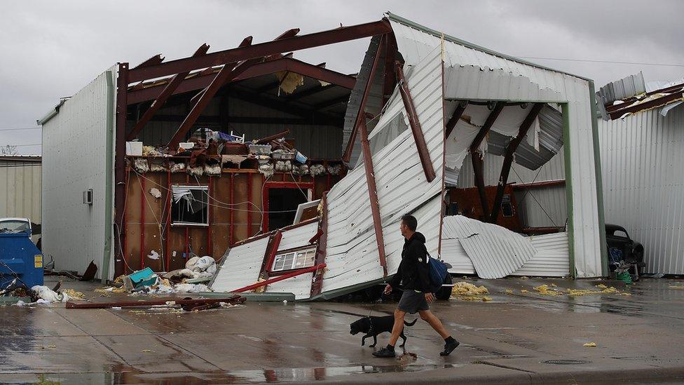 A damaged building is seen after Hurricane Harvey passed through on August 26, 2017 in Rockport, Texas