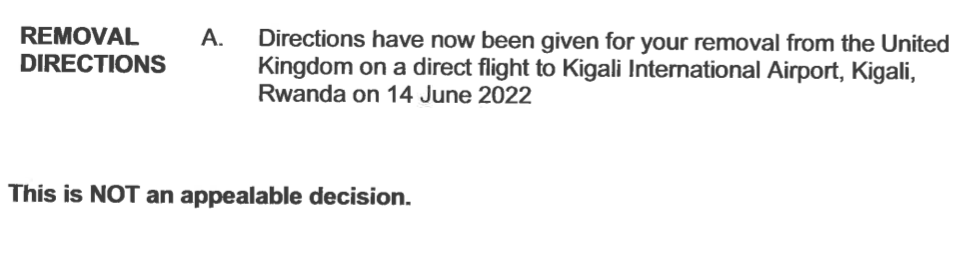 Document telling asylum seekers they will be flown to Rwanda on 14 June 2022 and it is not an appealable decision