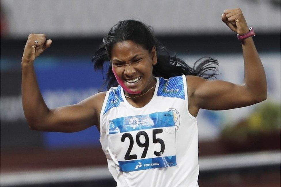 Swapna Barman of India celebrates after the 800m event of the Heptathlon at the 2018 Asian Games in Jakarta, Indonesia, 29 August 2018