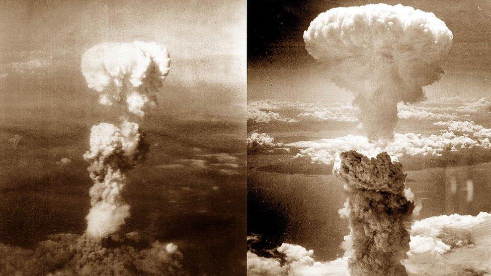 World War II, Atomic bomb mushroom clouds over Hiroshima (left) and Nagasaki (right), August 1945, Japan