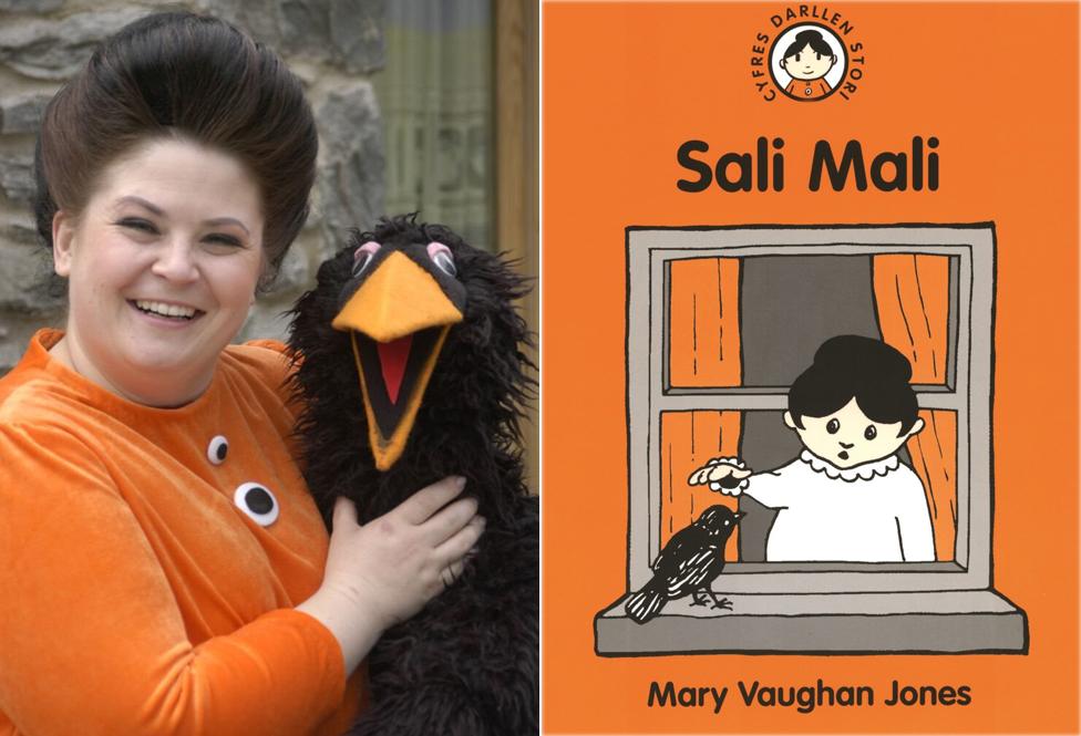 Actress Rebecca Harries dressed as Sali Mali with a black bird puppet, and the orange book cover of the character with a black bird on the window sill