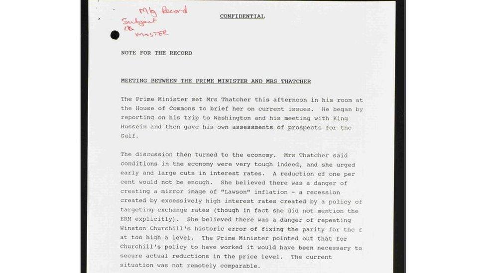 Minutes of meeting between John Major and Margaret Thatcher