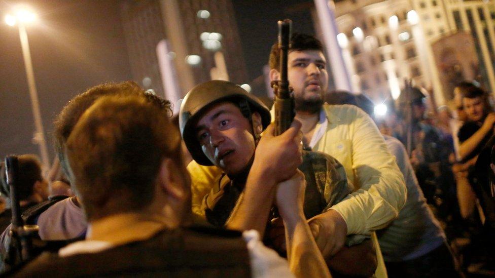 Turkish police arrest Turkish soldiers at the Taksim Square in Istanbul, Turkey, 16 July 2016