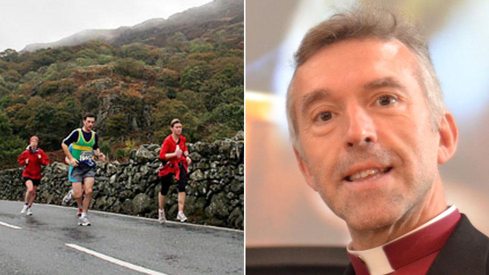 Runners in the Snowdonia Marathon and the Bishop of Bangor Andy John