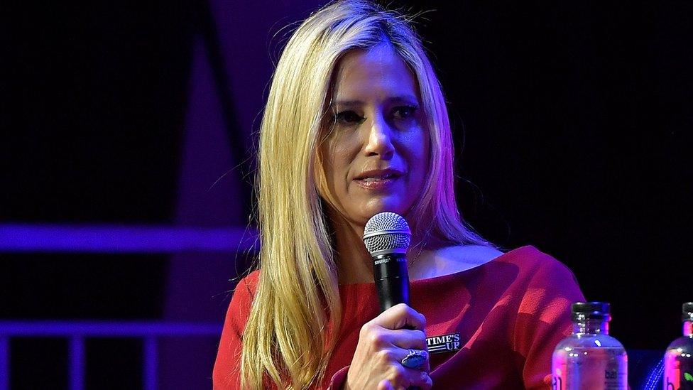 Mira Sorvino speaks onstage at 'Time's Up' during the 2018 Tribeca Film Festival at Spring Studios on April 28, 2018 in New York City.