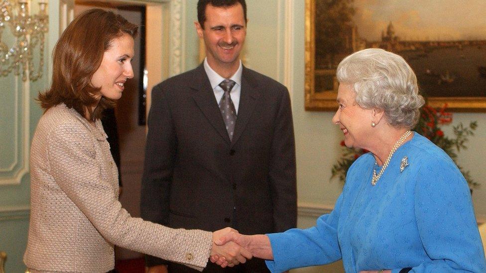 Queen Elizabeth II receives Asma al-Assad and her husband Bashar on 17 December 2002 at Buckingham Palace