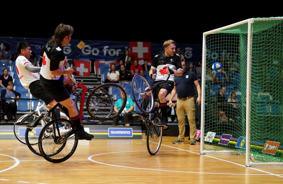 Action from Canada versus Japan in the Men’s Elite Cycle-ball League B on day nine of the 2023 UCI Cycling World Championships at the Emirates Arena, Glasgow.