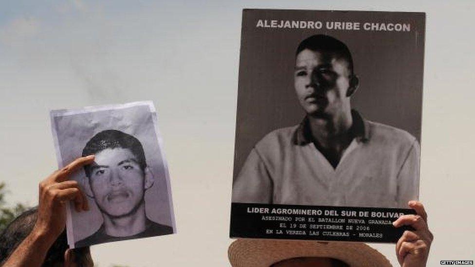 People hold pictures of murdered relatives during a march against the false positives on 6 March, 2009, in Bogota.