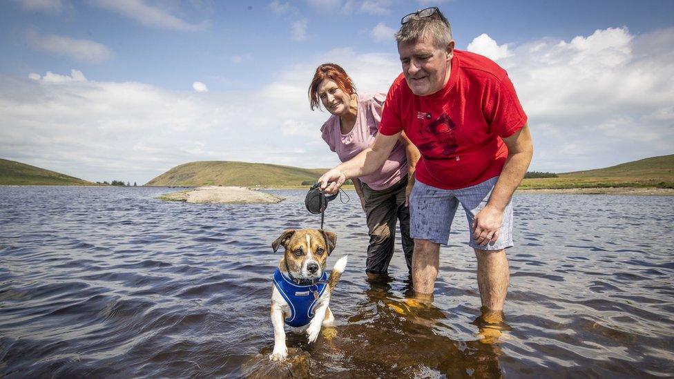 Neill Russell, and his wife, Liz, from Dunmurray walk their dog Teddy along a pathway exposed by the falling water level at Spelga Reservoir in the Mourne Mountains of County Down.