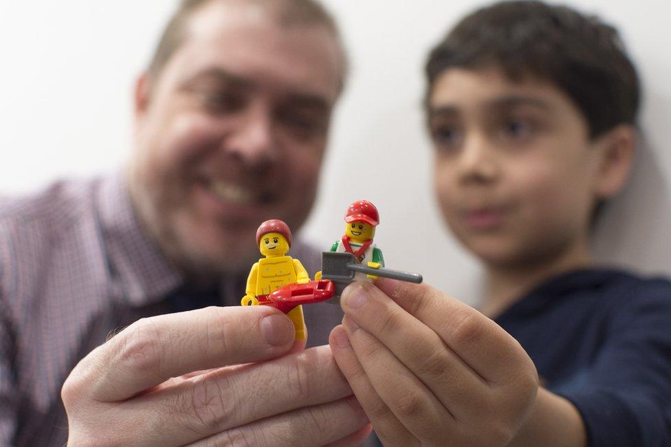 The inventors of an Australian lifeguard Lego prototype, Damien MacRae and his son Aiden