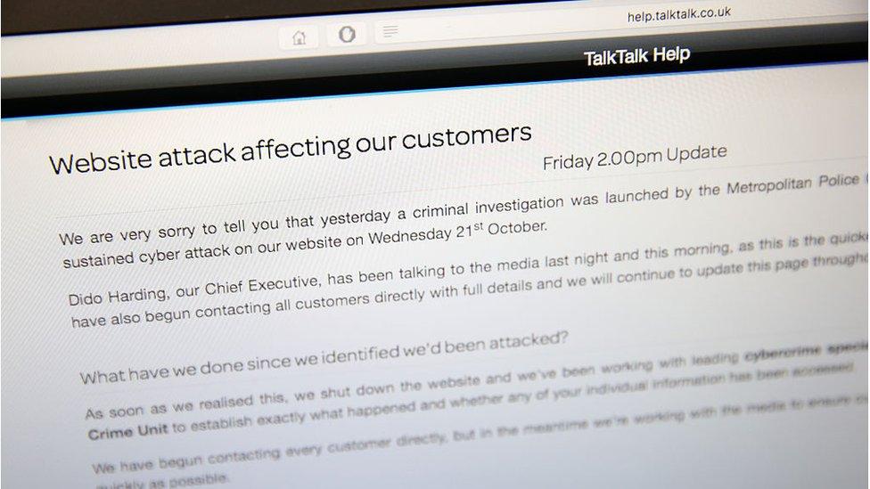 Announcement to customers on TalkTalk's website after data breach in 2015