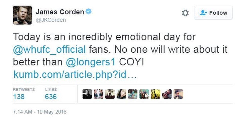 Tweet: Today is an incredibly emotional day for @whufc_official fans. No one will write about it better than @longers1 COYI http://kumb.com/article.php?id=3751 …