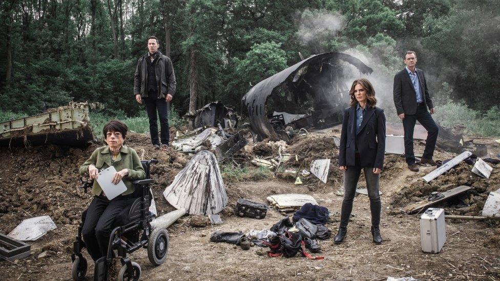 Liz with her Silent Witness co-stars on a plane crash set