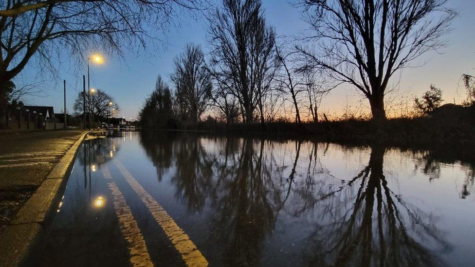 Flooded road in Staines