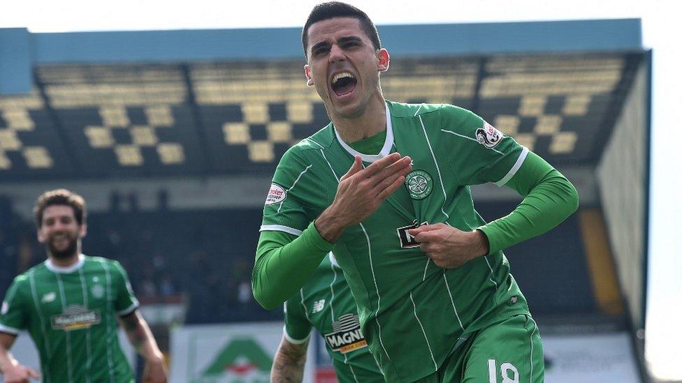 Tom Rogic celebrates after scoring for Celtic against Kilmarnock