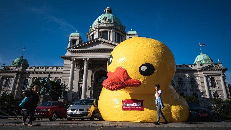 Protest group Don't Let Belgrade Drown placed a giant inflatable duck outside parliament, 18 Jun 20