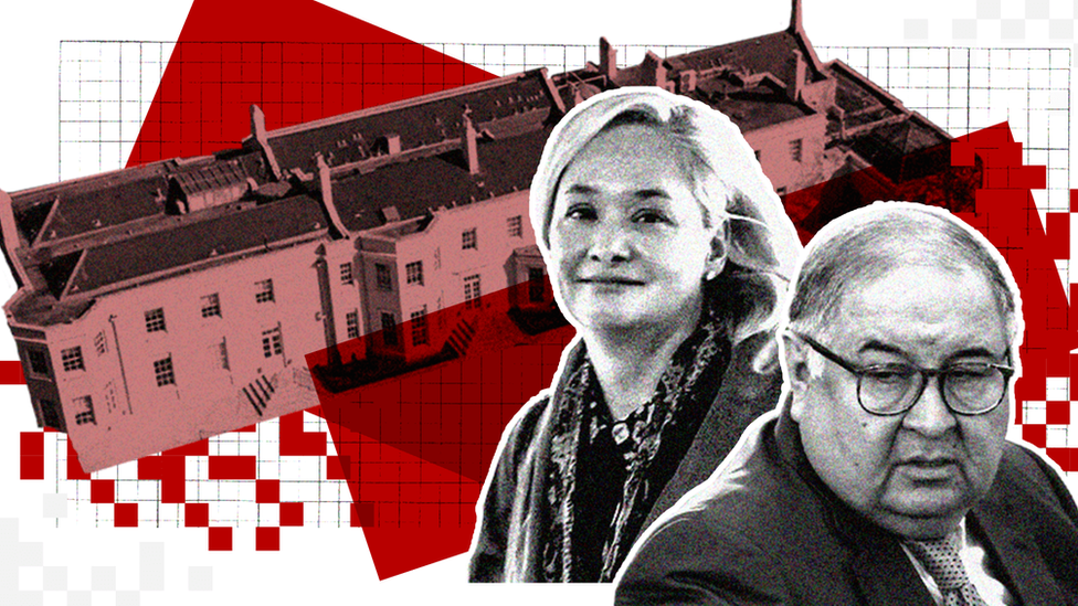 Stylised graphic showing Beechwood House, Lubov Chernukhin and Alisher Usmanov