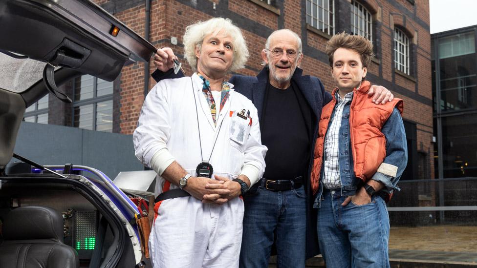 Roger Bart (left) and Olly Dobson (right), who star in the Back To the Future musical, with Christopher Lloyd, who was in the original film