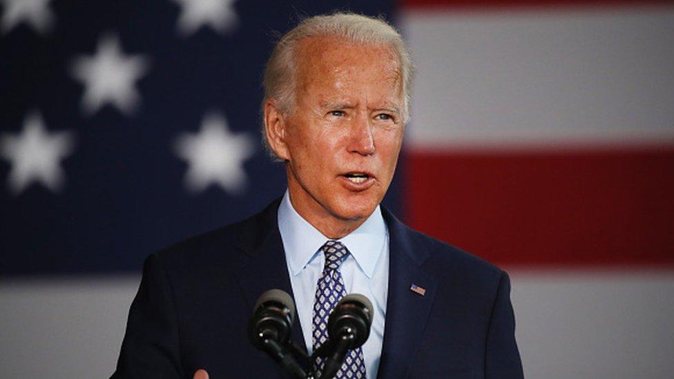 The presumptive Democratic presidential nominee Joe Biden speaks at McGregor Industries on in Dunmore, Pennsylvania